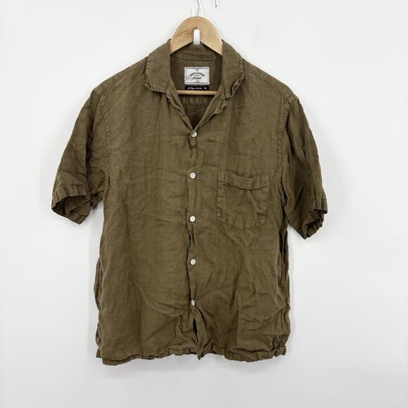 Portuguese Flannel Linen Shirt Men Medium Camp Collar Olive Boxy Breathable Luxe - Picture 1 of 7